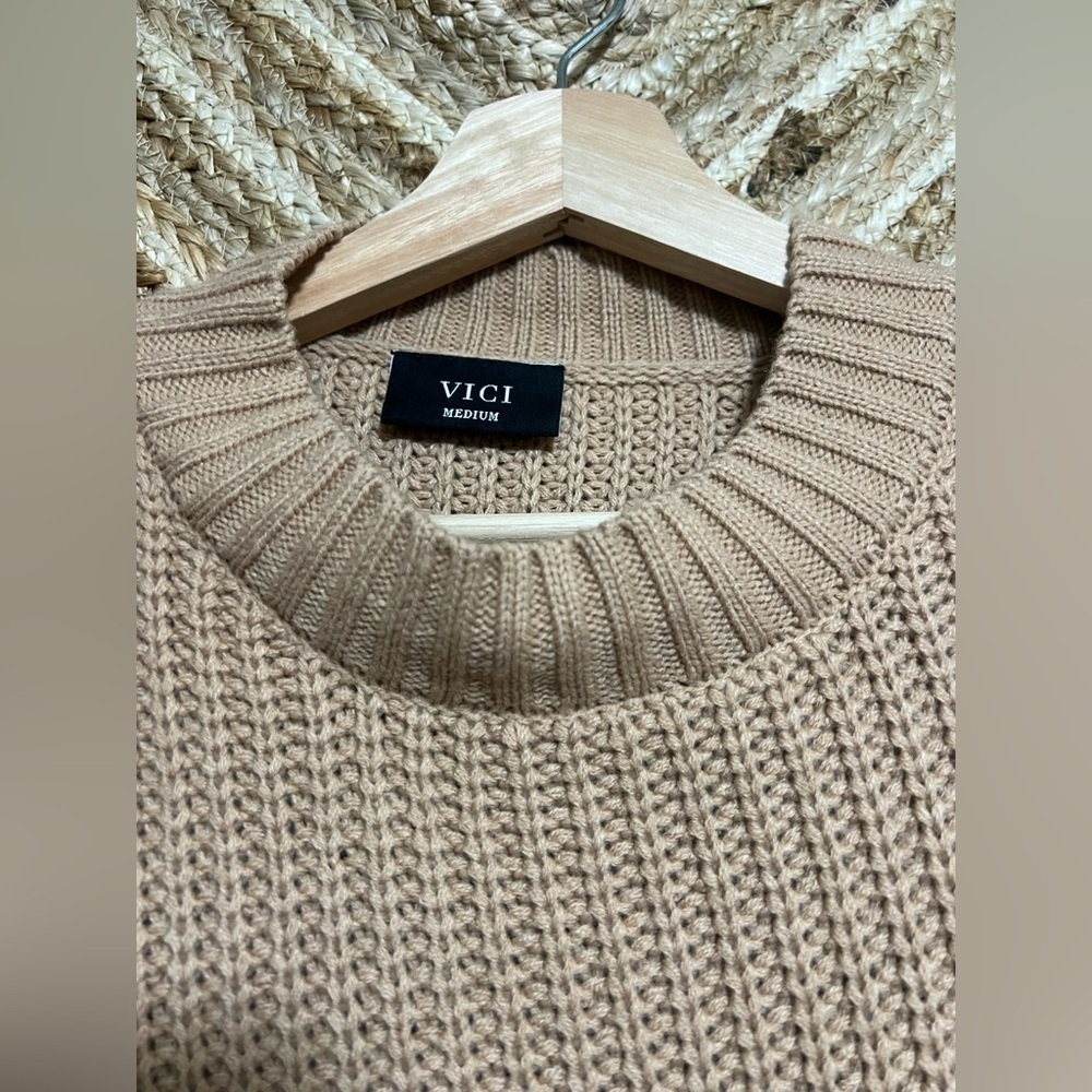 Vici Women's Chunky Knit Beige Sweater,Lantern Sleeves,Size M - Picture 3 of 9